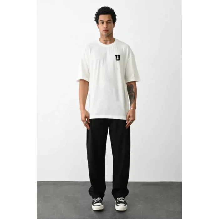 Unisex Bisiklet Yaka Baskılı Oversize T-shirt - Beyaz
