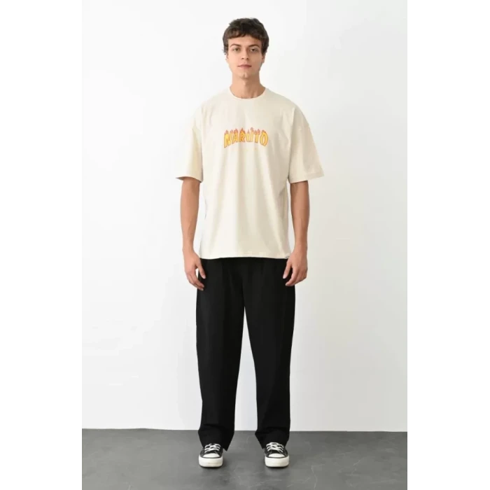 Unisex Bisiklet Yaka Baskılı Oversize T-shirt - Beyaz