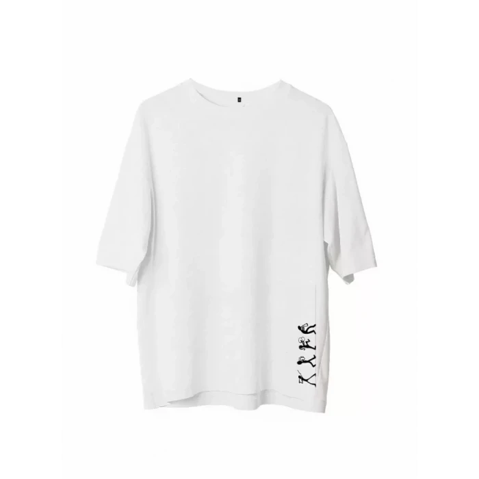 Unisex Bisiklet Yaka Baskılı Oversize T-shirt - Beyaz