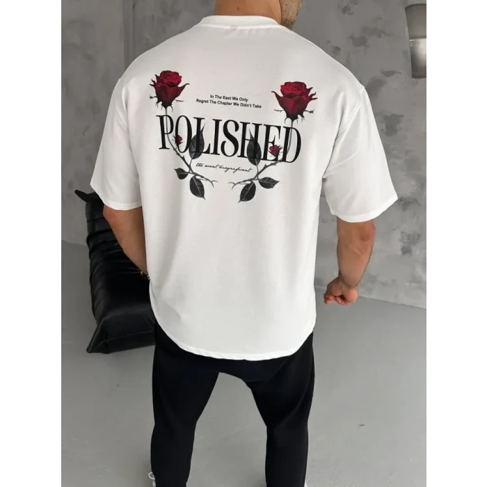 Unisex Bisiklet Yaka Baskılı Oversize T-shirt - Beyaz