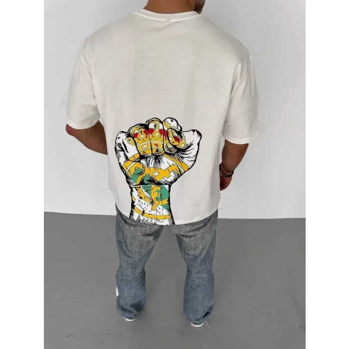 Unisex Bisiklet Yaka Baskılı Oversize T-shirt - Beyaz
