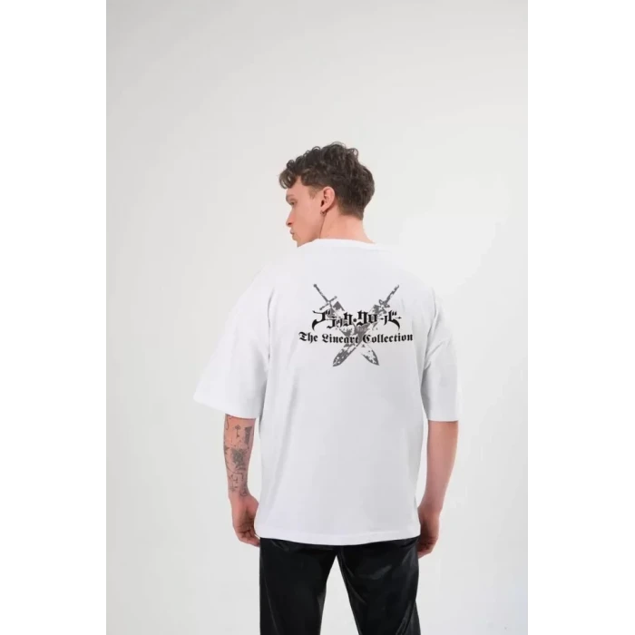 Unisex Bisiklet Yaka Baskılı Oversize T-shirt - Beyaz