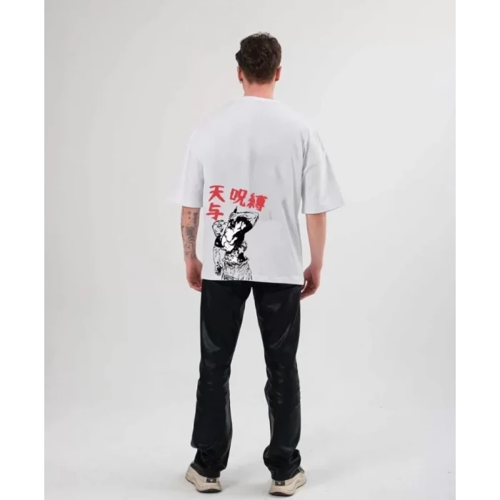 Unisex Bisiklet Yaka Baskılı Oversize T-shirt - Beyaz