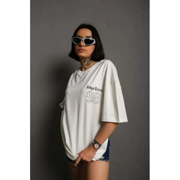 Unisex Bisiklet Yaka Baskılı Oversize T-shirt - Beyaz