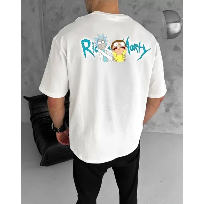 Unisex Bisiklet Yaka Baskılı Oversize T-shirt - Beyaz