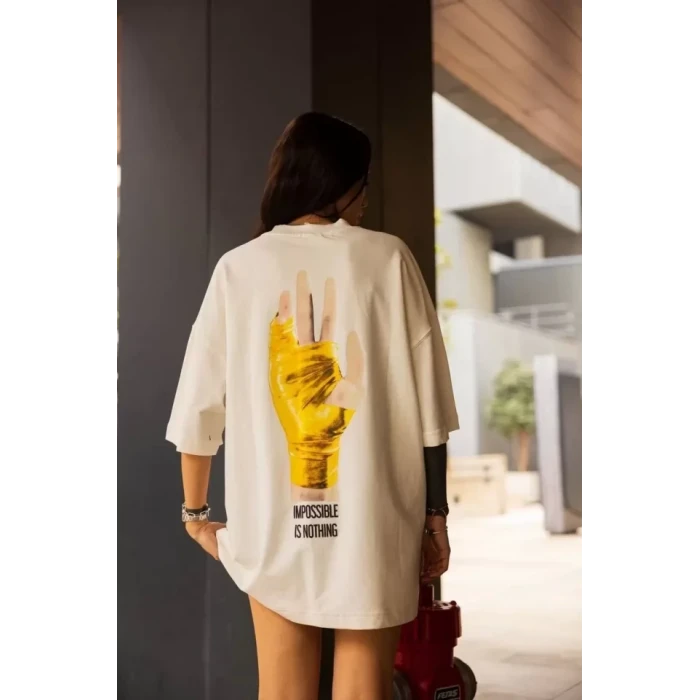 Unisex Bisiklet Yaka Baskılı Oversize T-shirt - Beyaz