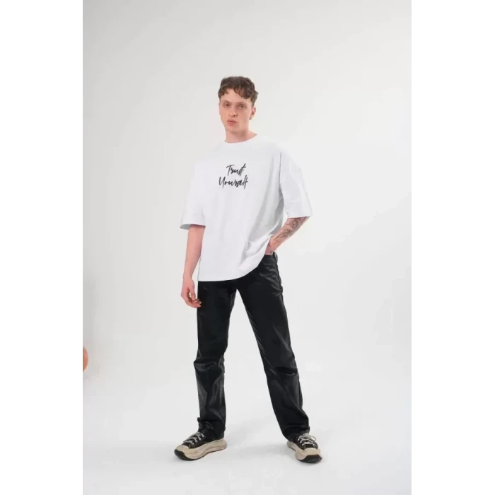 Unisex Bisiklet Yaka Baskılı Oversize T-shirt - Beyaz