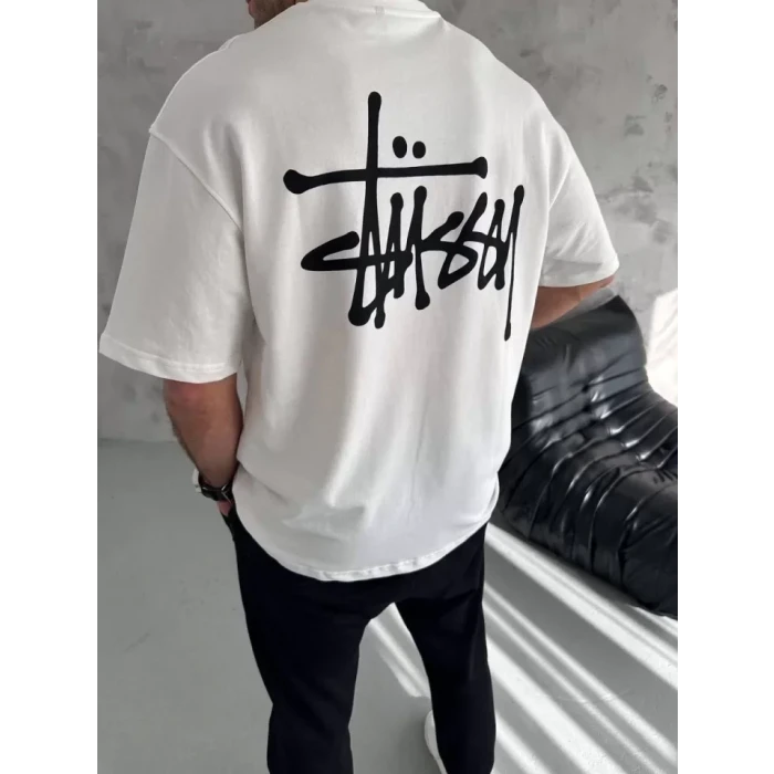 Unisex Bisiklet Yaka Baskılı Oversize T-shirt - Beyaz