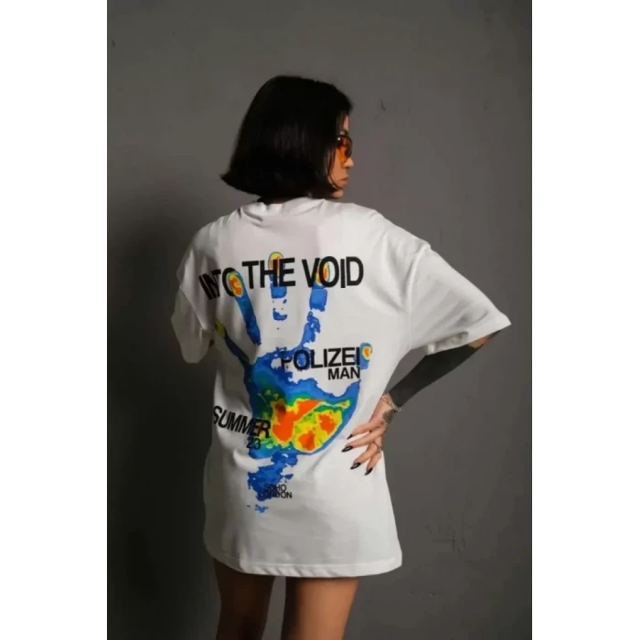 Unisex Bisiklet Yaka Baskılı Oversize T-shirt - Beyaz