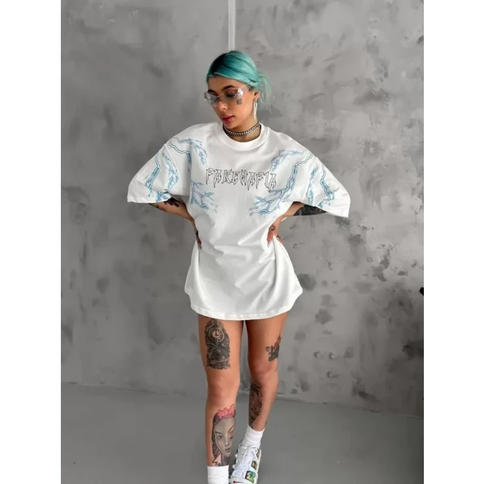 Unisex Bisiklet Yaka Baskılı Oversize T-shirt - Beyaz