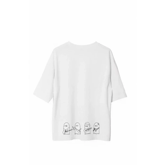 Unisex Bisiklet Yaka Baskılı Oversize T-shirt - Beyaz