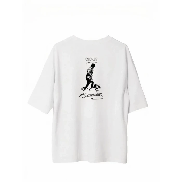 Unisex Bisiklet Yaka Baskılı Oversize T-shirt - Beyaz
