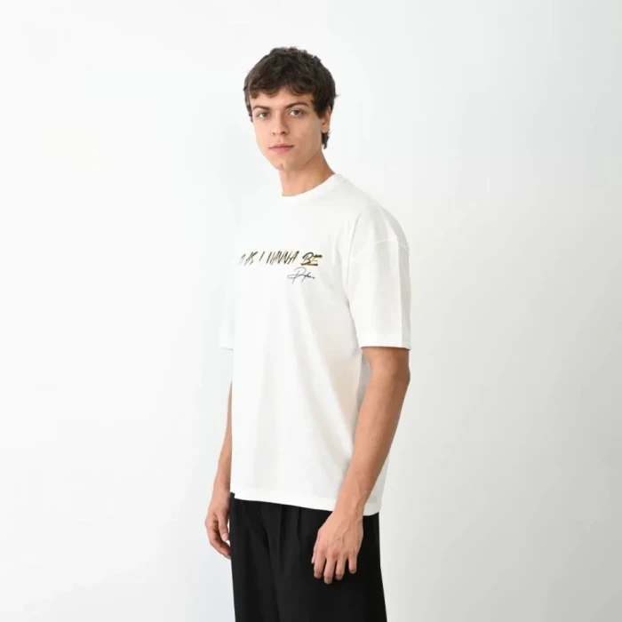 Unisex Bisiklet Yaka Baskılı Oversize T-shirt - Beyaz