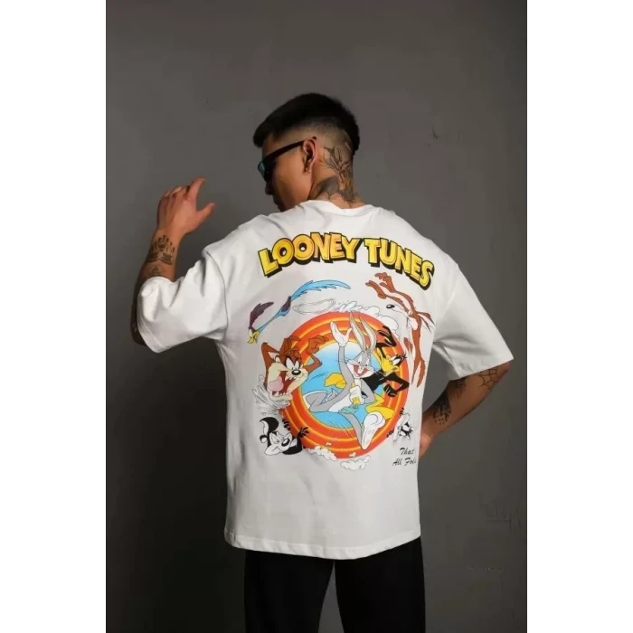 Unisex Bisiklet Yaka Baskılı Oversize T-shirt - Beyaz