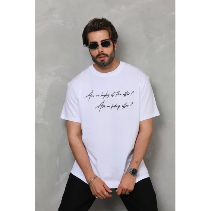 Unisex Bisiklet Yaka Baskılı Oversize T-shirt - Beyaz