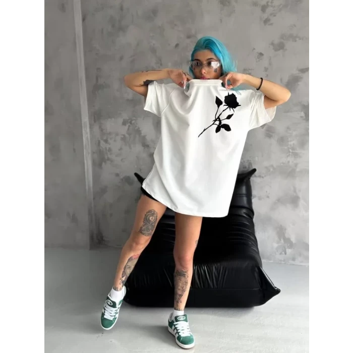 Unisex Bisiklet Yaka Baskılı Oversize T-shirt - Beyaz