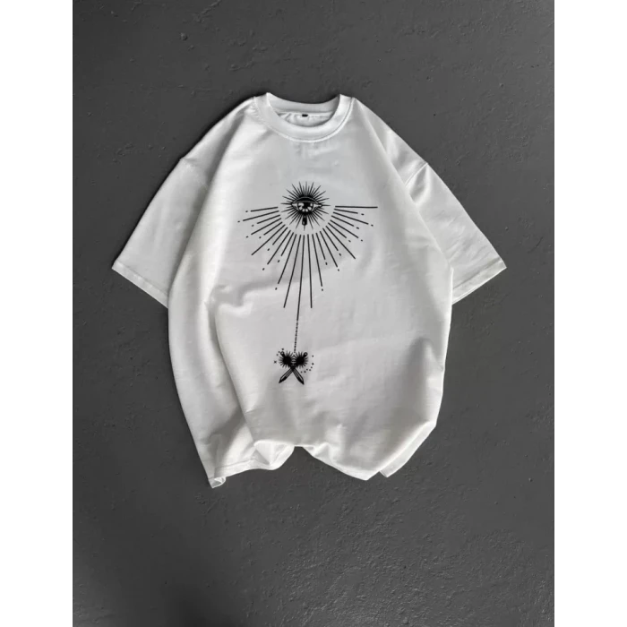 Unisex Bisiklet Yaka Baskılı Oversize T-shirt - Beyaz