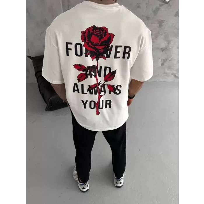 Unisex Bisiklet Yaka Baskılı Oversize T-shirt - Beyaz