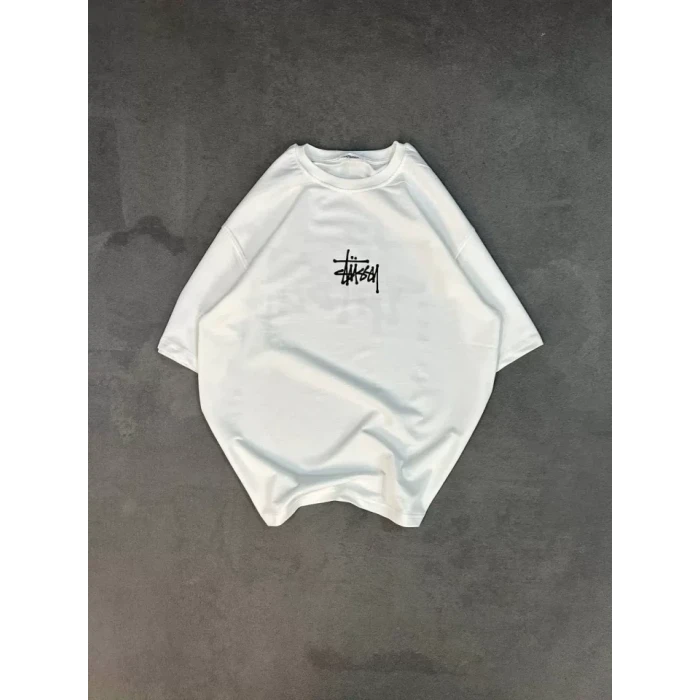 Unisex Bisiklet Yaka Baskılı Oversize T-shirt - Beyaz