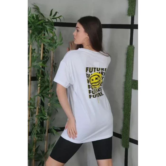 Unisex Bisiklet Yaka Baskılı Oversize T-shirt - Beyaz