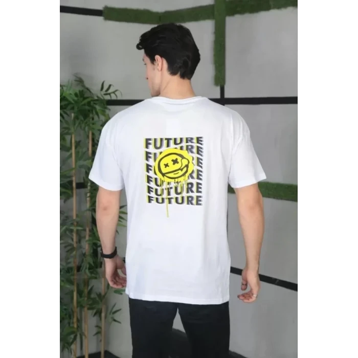 Unisex Bisiklet Yaka Baskılı Oversize T-shirt - Beyaz