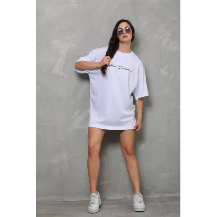 Unisex Bisiklet Yaka Baskılı Oversize T-shirt - Beyaz