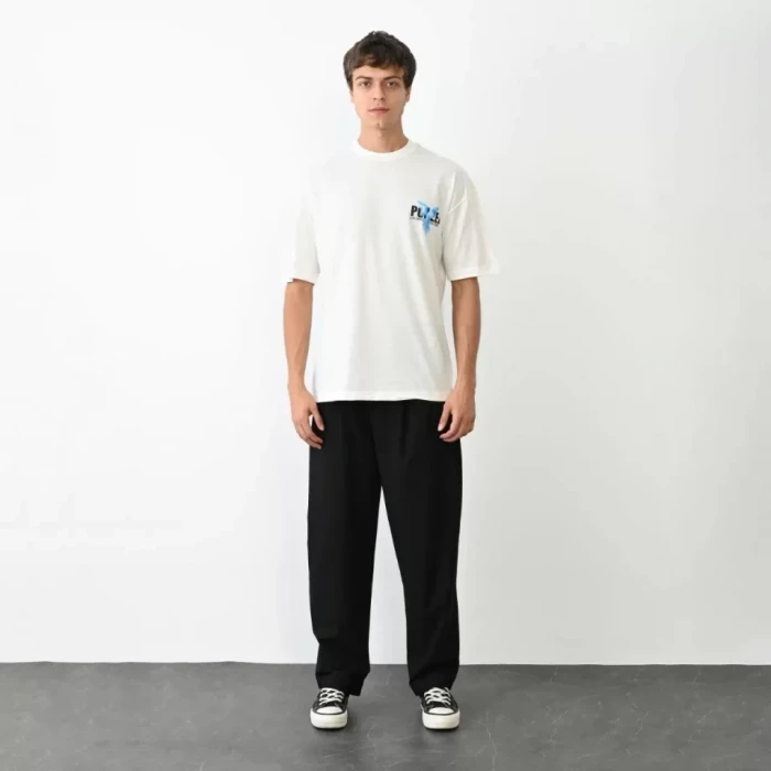 Unisex Bisiklet Yaka Baskılı Oversize T-shirt - Beyaz