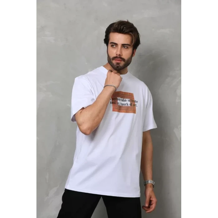 Unisex Bisiklet Yaka Baskılı Oversize T-shirt - Beyaz