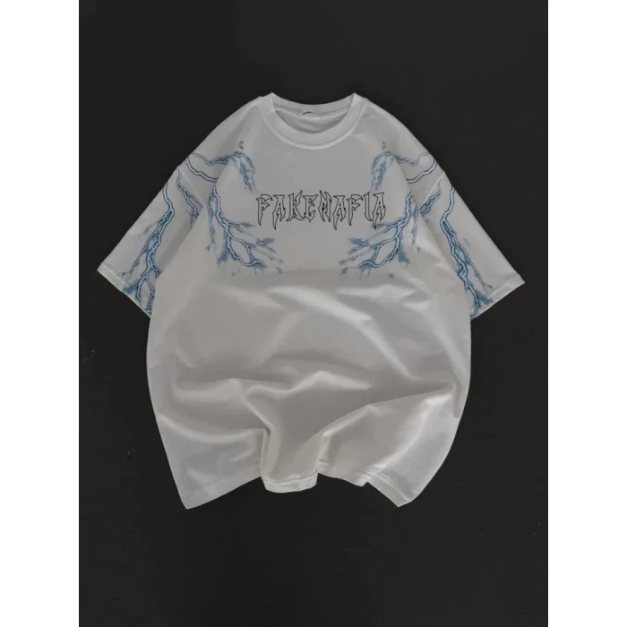 Unisex Bisiklet Yaka Baskılı Oversize T-shirt - Beyaz