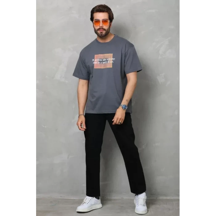 Unisex Bisiklet Yaka Baskılı Oversize T-shirt - Füme