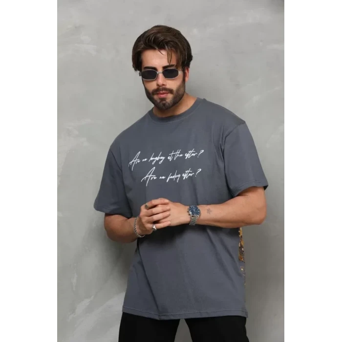 Unisex Bisiklet Yaka Baskılı Oversize T-shirt - Füme