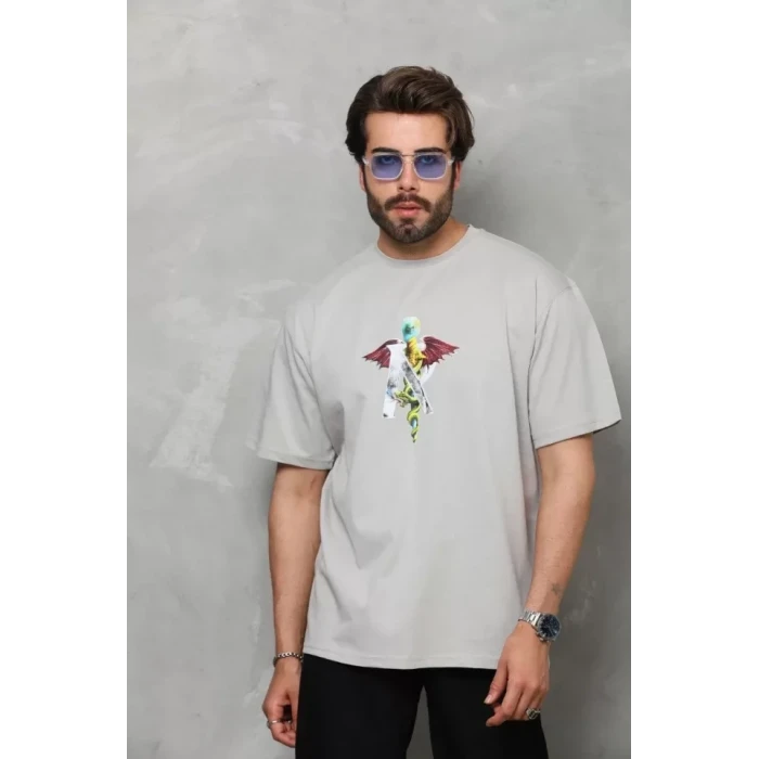 Unisex Bisiklet Yaka Baskılı Oversize T-shirt - Gri