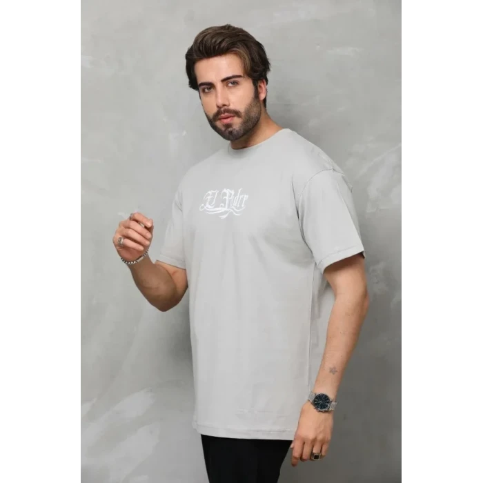Unisex Bisiklet Yaka Baskılı Oversize T-shirt - Gri