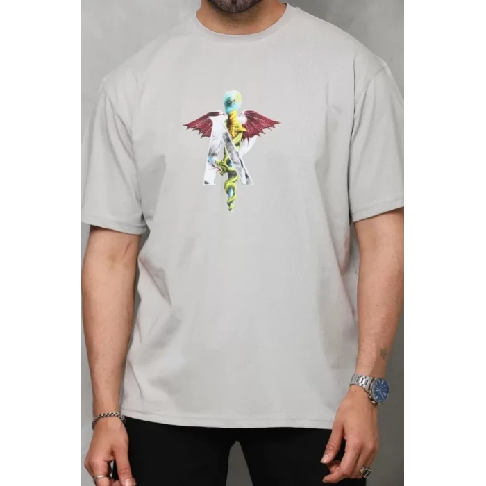 Unisex Bisiklet Yaka Baskılı Oversize T-shirt - Gri