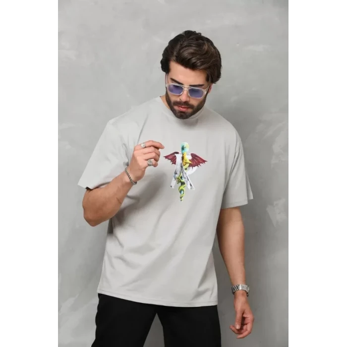 Unisex Bisiklet Yaka Baskılı Oversize T-shirt - Gri