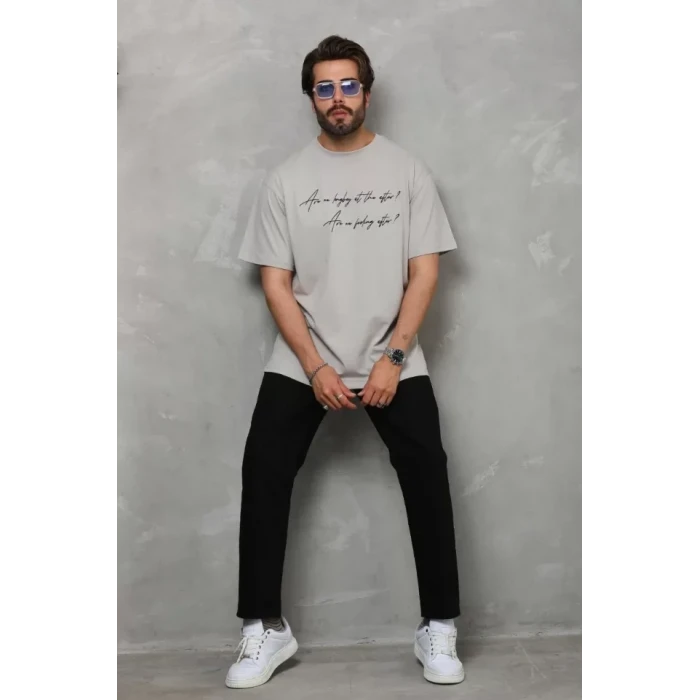 Unisex Bisiklet Yaka Baskılı Oversize T-shirt - Gri