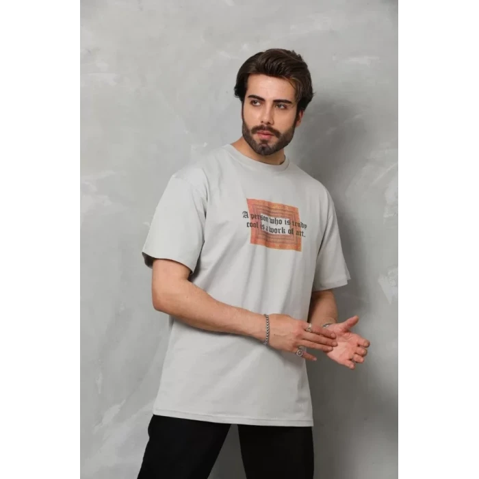 Unisex Bisiklet Yaka Baskılı Oversize T-shirt - Gri