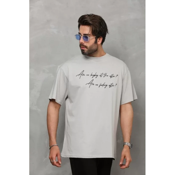 Unisex Bisiklet Yaka Baskılı Oversize T-shirt - Gri
