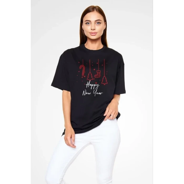 Unisex Bisiklet Yaka Baskılı Oversize T-shirt - Siyah