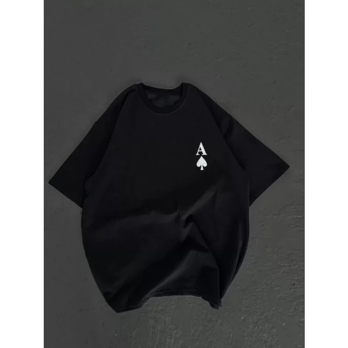 Unisex Bisiklet Yaka Baskılı Oversize T-shirt - Siyah