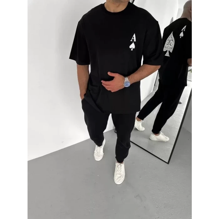 Unisex Bisiklet Yaka Baskılı Oversize T-shirt - Siyah