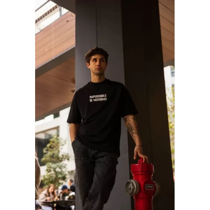 Unisex Bisiklet Yaka Baskılı Oversize T-shirt - Siyah