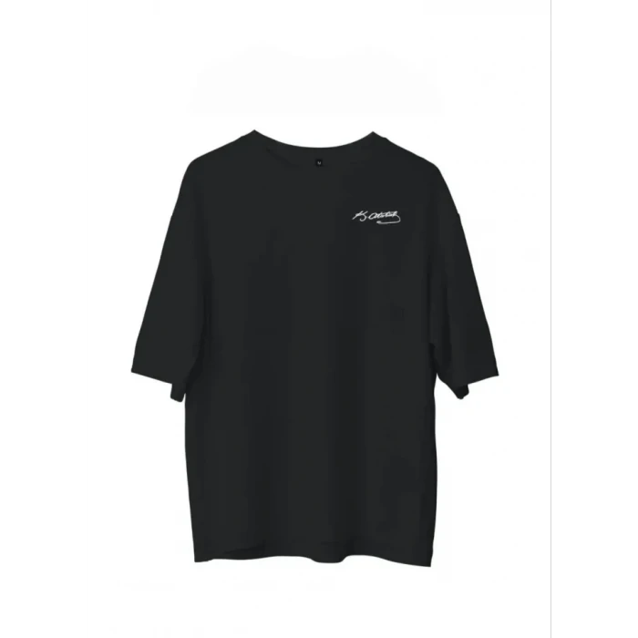Unisex Bisiklet Yaka Baskılı Oversize T-shirt - Siyah
