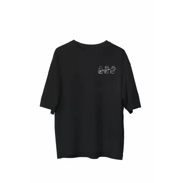 Unisex Bisiklet Yaka Baskılı Oversize T-shirt - Siyah