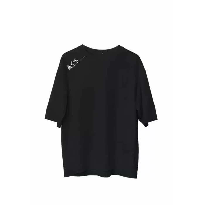 Unisex Bisiklet Yaka Baskılı Oversize T-shirt - Siyah