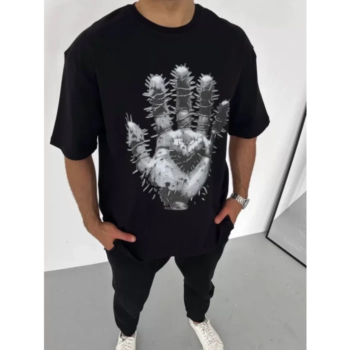 Unisex Bisiklet Yaka Baskılı Oversize T-shirt - Siyah