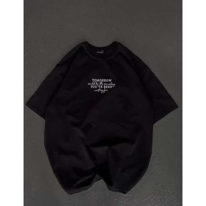 Unisex Bisiklet Yaka Baskılı Oversize T-shirt - Siyah