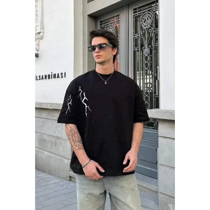 Unisex Bisiklet Yaka Baskılı Oversize T-shirt - Siyah
