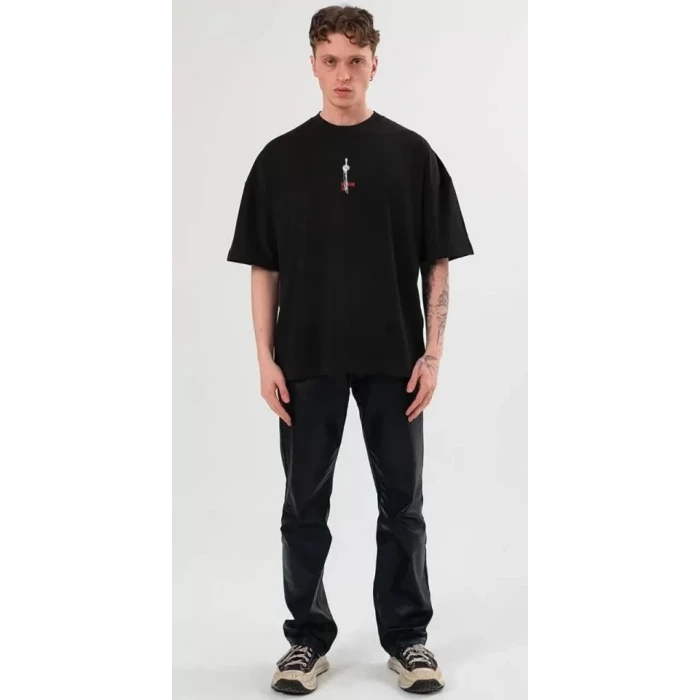 Unisex Bisiklet Yaka Baskılı Oversize T-shirt - Siyah