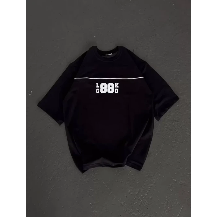 Unisex Bisiklet Yaka Baskılı Oversize T-shirt - Siyah